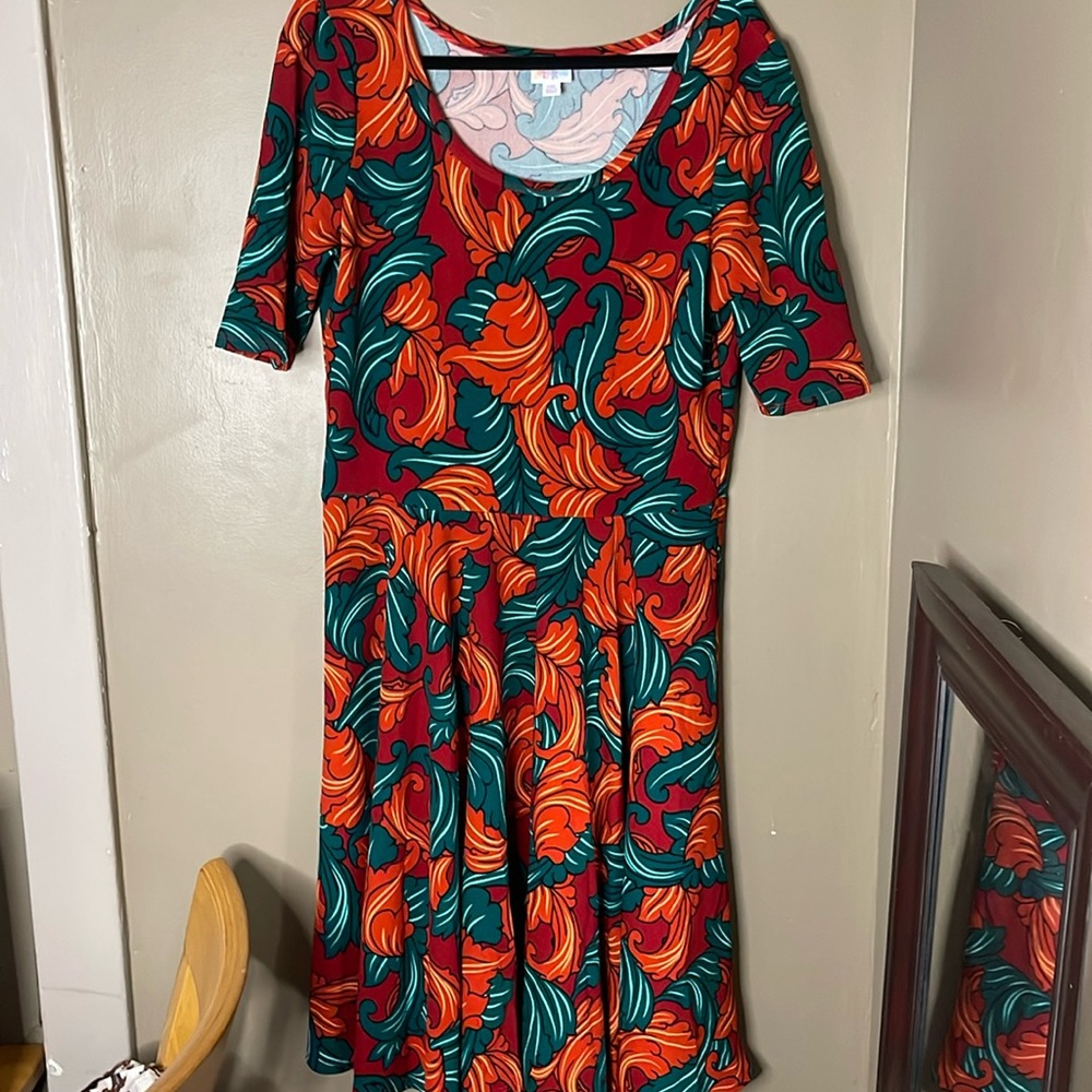 Lularoe Nicole Bright Color Fleur De Lis Print Plus Dress  2XL